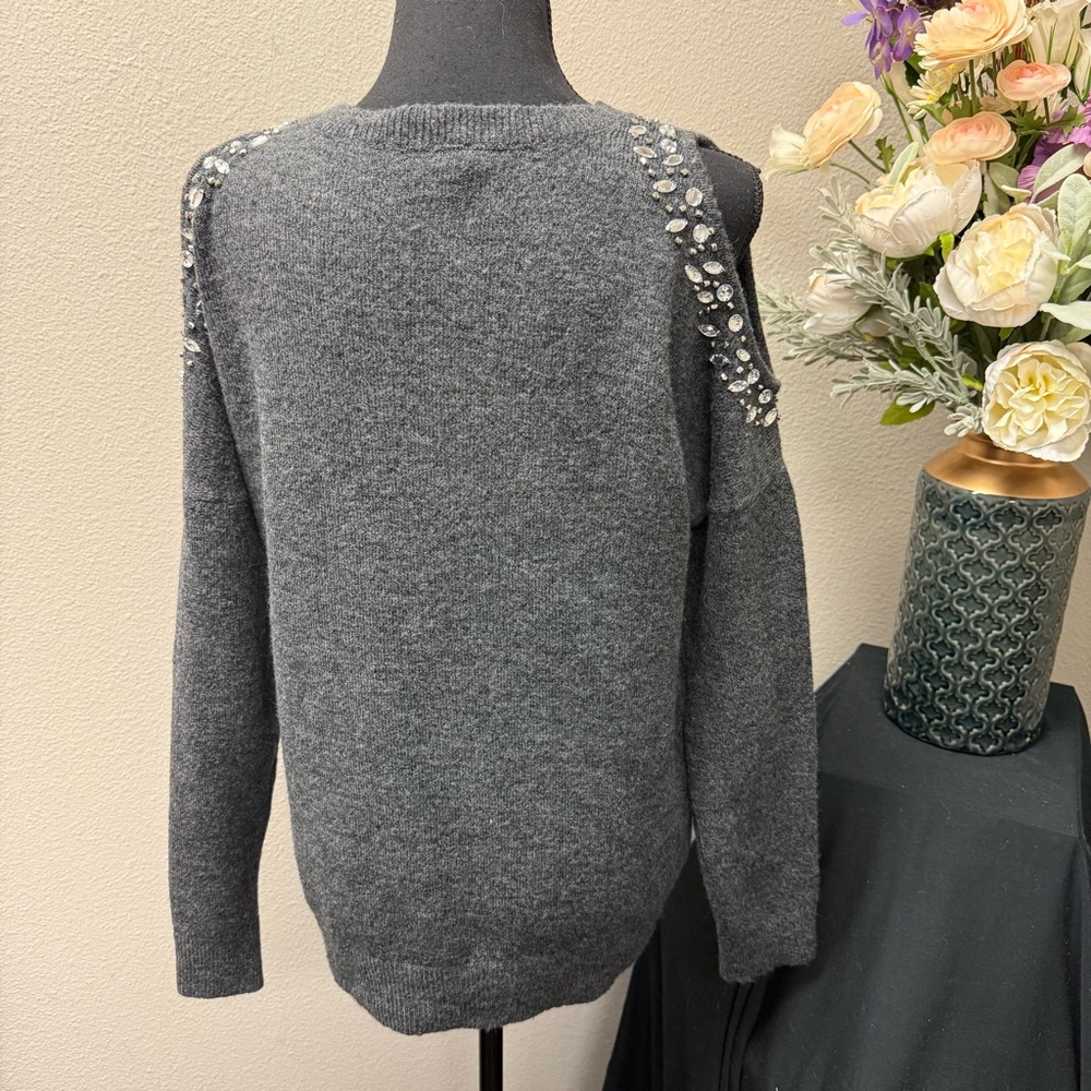 INC Gray Embellished Cutout Shoulder Sweater L Sparkle Detail Winter Chic - Picture 3 of 9